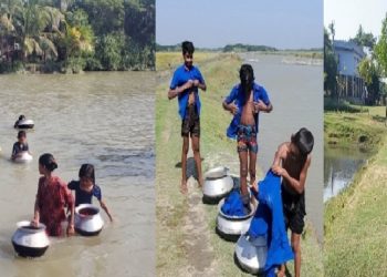 প্রতিদিন খাল সাঁতরে স্কুলে যেতে হয় কোমলমতি শিক্ষার্থীদের