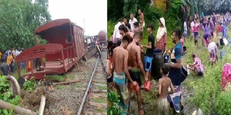 যশোরে ট্রেন লাইনচ্যুত, তেল সংগ্রহে হুমড়ি খেয়ে পড়েছে স্থানীয় মানুষ
