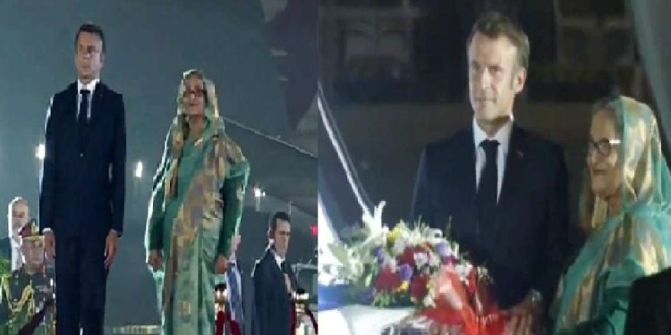 ফ্রান্সের প্রেসিডেন্ট ম্যাক্রোঁকে ফুল দিয়ে স্বাগত জানালেন প্রধানমন্ত্রী শেখ হাসিনা