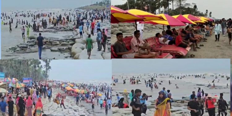 পর্যটকদের পদচারণায় মুখরিত কুয়াকাটা সমুদ্র সৈকত