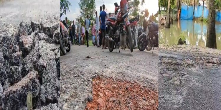 মহিপুরে নির্মানের ১০ দিন পরই হাতের টানে উঠে যাচ্ছে সড়কের পিচ