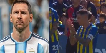 লিওনেল মেসির বিশেষ সম্মাননার সময় গ্যালারিতে ডি মারিয়ার নামে স্লোগান
